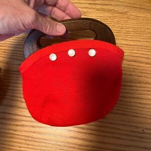 Vintage Wooden Handle Purse Handmade Removable/reversible Red W/FlourSack Lining